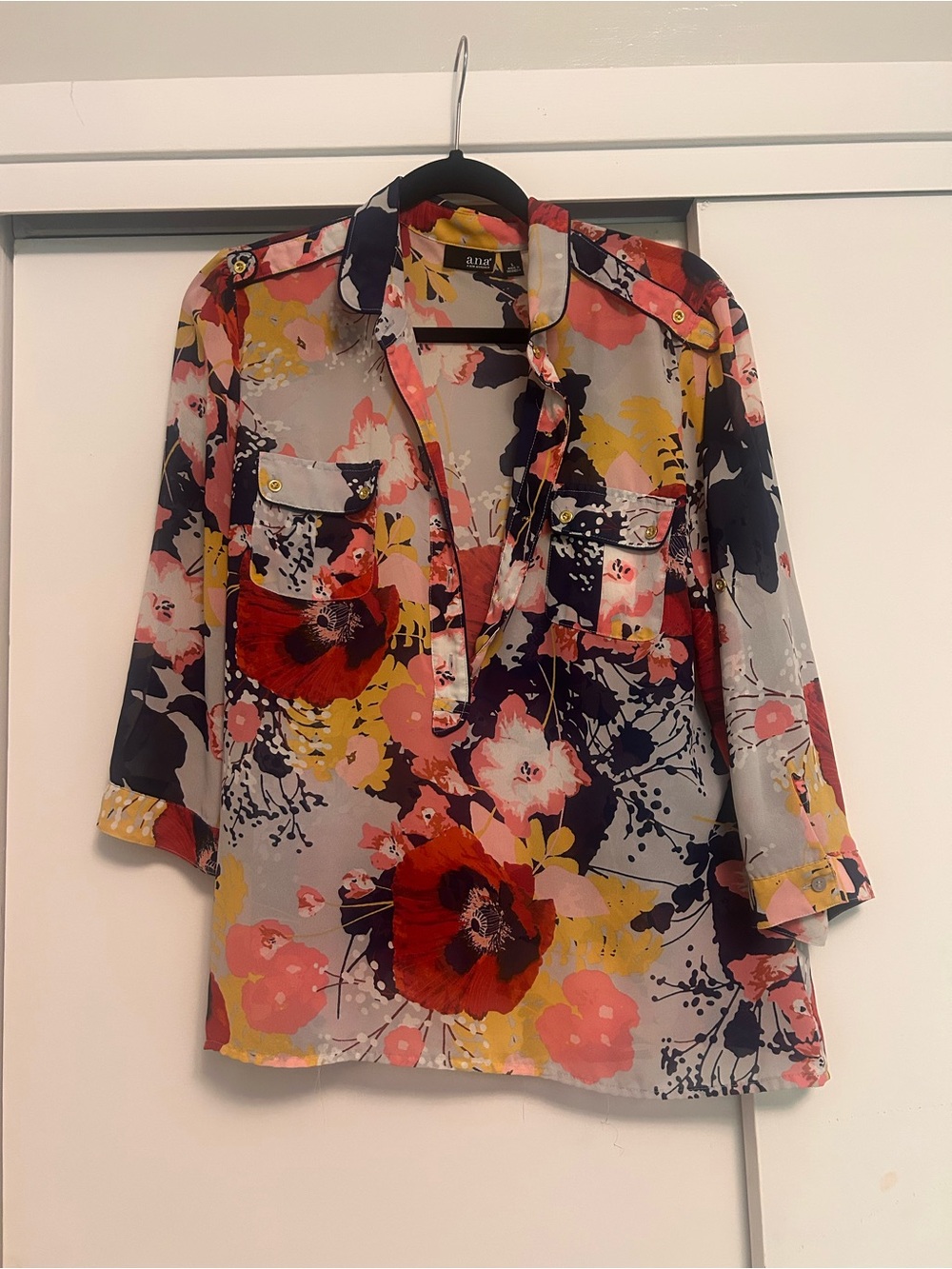 a.n.a Floral Popover Blouse in Gray, Red, Pink, Yellow